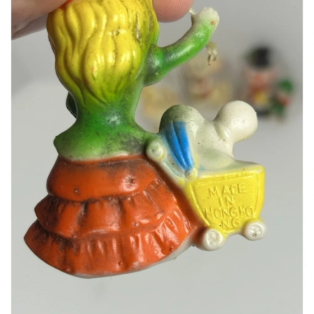 VTG Plastic blow mold Christmas Ornaments Lot of 5 Mouse Snowman Hong Kong